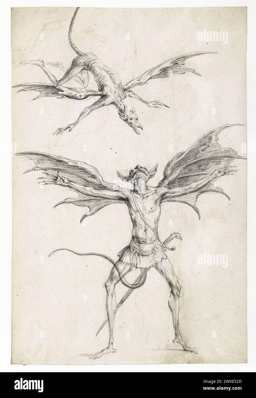 Lithographic print engraving of two winged mythical creatures. Studies for the Figuration of Haunted Houses (Studies voor de figuratie van spokerijen)  - series title)). A flying, skinny demonic creature approaches a another, with his legs spread apart and his arms and wings spread out, waiting for him.  Cornelis Saftleven, Dutch, 1617 - 1681 Stock Photo