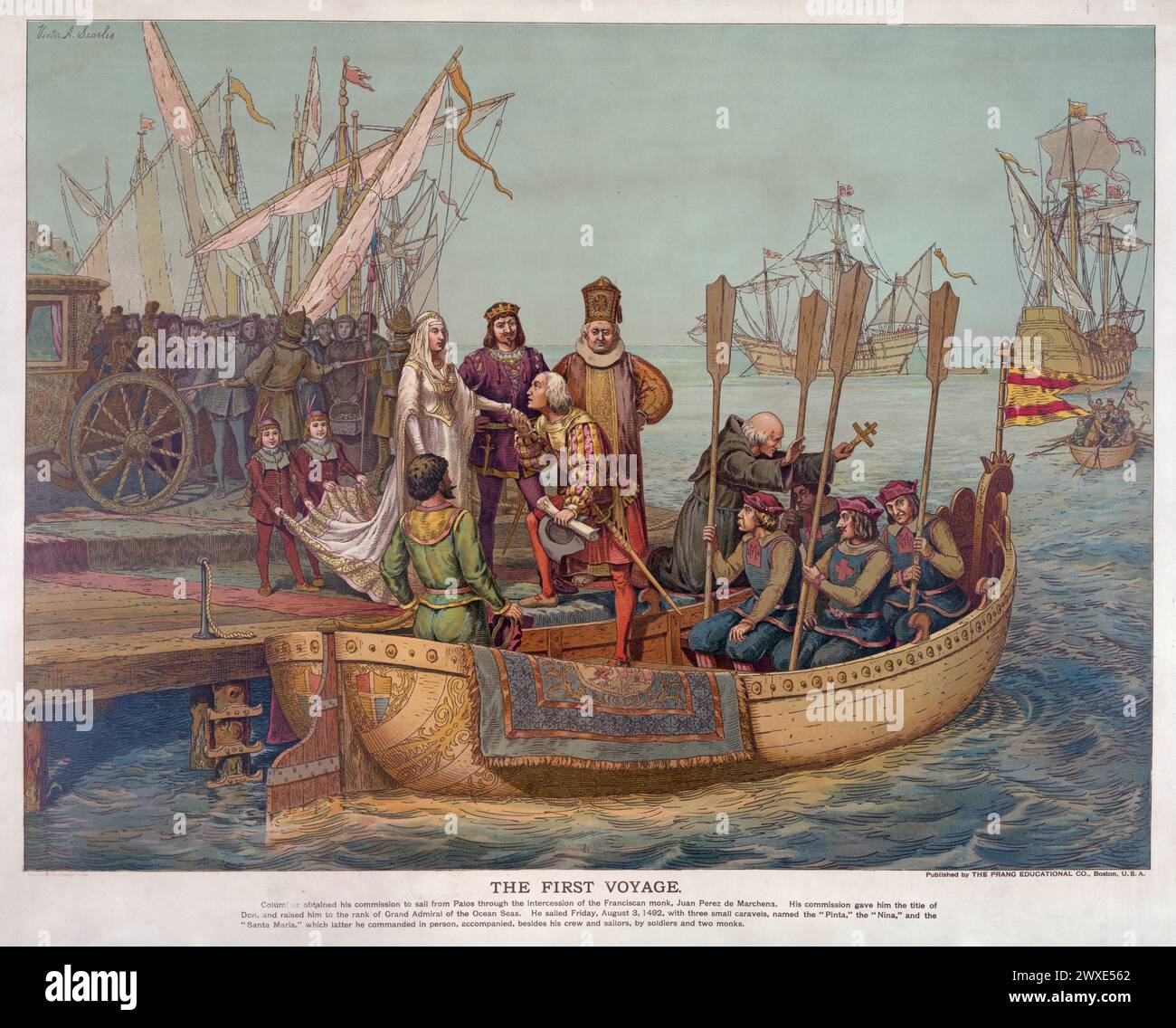 Late Victorian chromolithograph. The First voyage.  Published by The Prang Educational Co., 1893.. Christopher Columbus bidding farewell to the Queen of Spain on his departure for the New World, August 3, 1492. Stock Photo