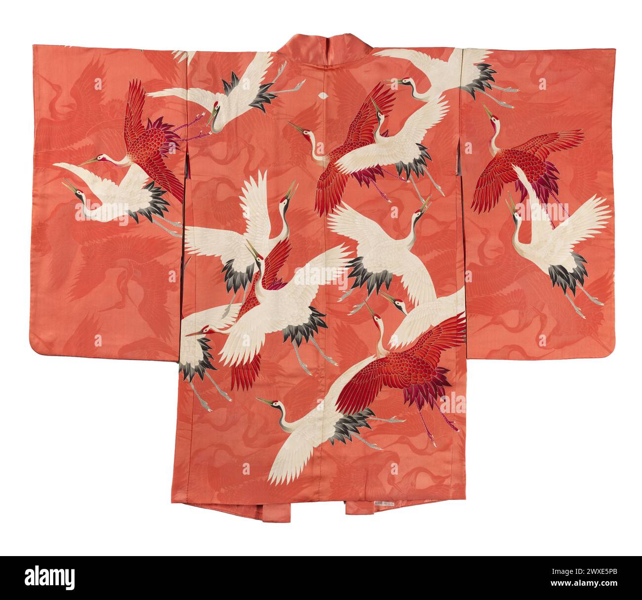 Japanese Furisode kimono with a Myriad of Flying Cranes, anonymous, 1910 - 1930   Formal long-sleeved kimono for an unmarried young woman (furisode), decorated all over with flying cranes.   Japan silk Stock Photo