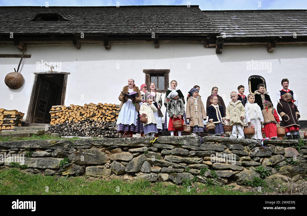 Pohled, Czech Republic. 30th Mar, 2024. Two days of Easter celebrations began today, on March 30, 2024, at Michal's farm in Pohled in the Havlickuv Brod district, Vysocina Region. Their traditional form was reminded not only by the furnishings of the farmstead, but also by the performance of the folklore ensemble Skubanek (photo) from Svetla nad Sazavou. Credit: Lubos Pavlicek/CTK Photo/Alamy Live News Stock Photo