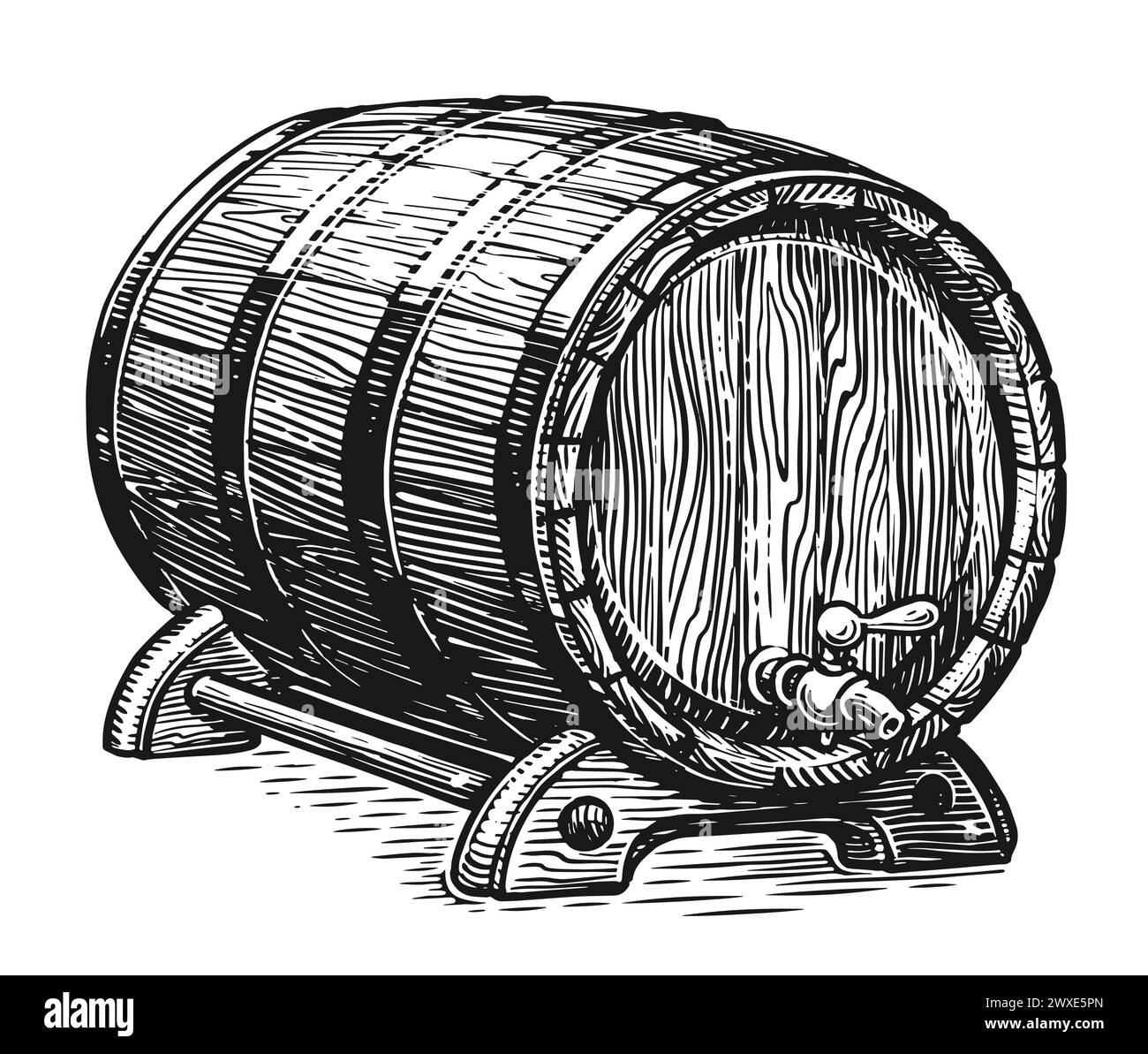 Wooden barrel with tap for wine, beer or whiskey. Hand drawn sketch vintage illustration engraving style Stock Vector