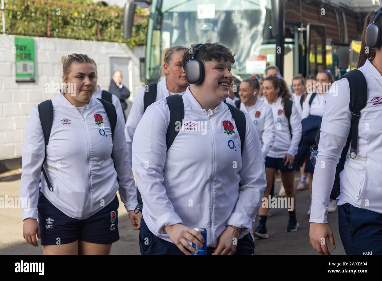 Bristol, UK. 30th Mar, 2024. Hannah Botterman (with head phones) as England arrive for the England v Wales match at Ashton Gate Stadium for the Guinness Women's Six Nations. Bristol, UK Credit: ️ Elsie Kibue/Alamy Live News Stock Photo