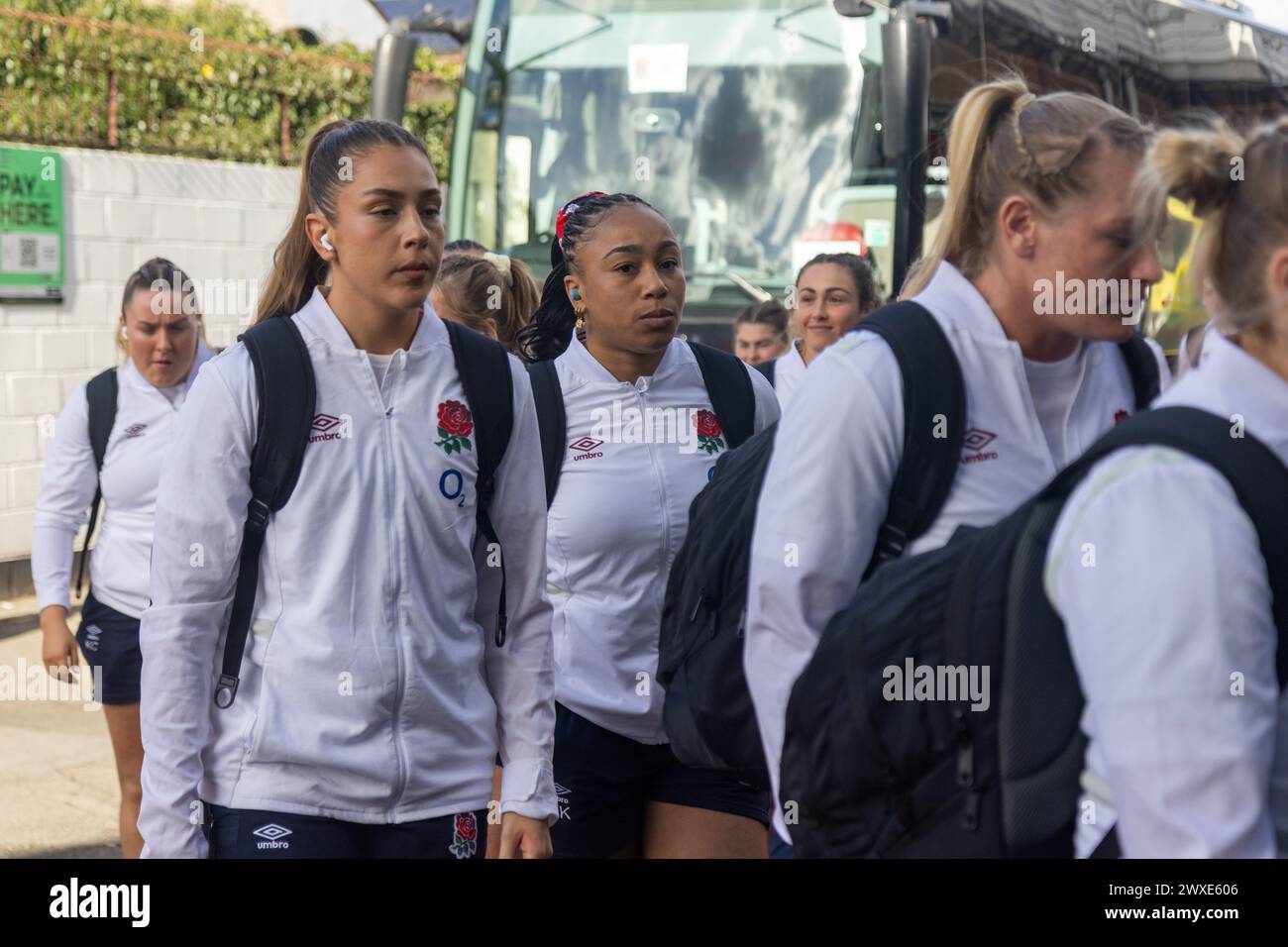 Bristol, UK. 30th Mar, 2024. Sadia Kabeya (centre) arriving with her team mates for the England v Wales match at Ashton Gate Stadium for the Guinness Women's Six Nations. Bristol, UK Credit: ️ Elsie Kibue/Alamy Live News Stock Photo