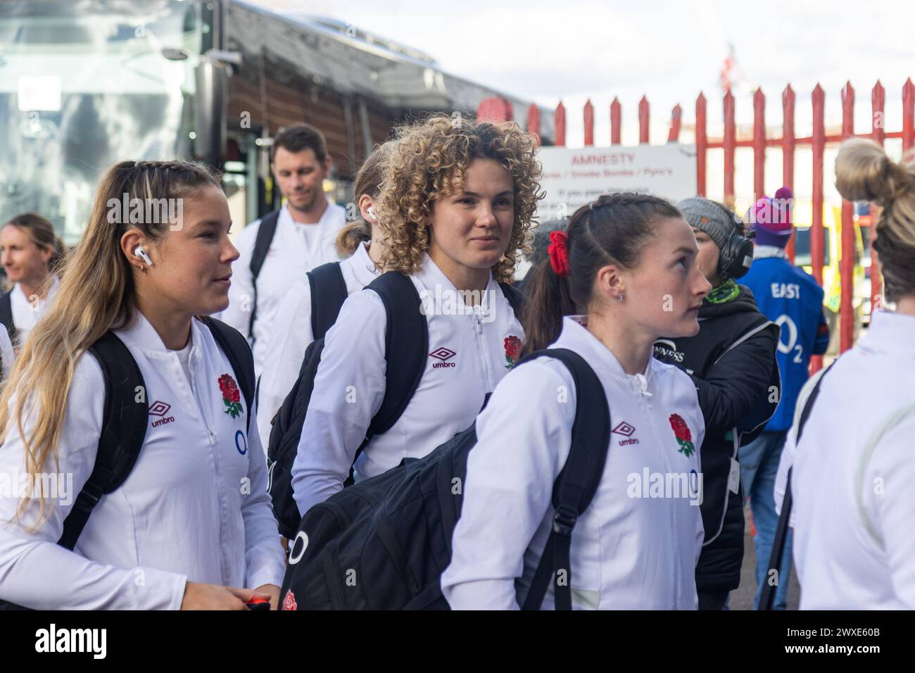 Bristol, UK. 30th Mar, 2024. Ellie Kildunne arriving with her teams mates for the England v Wales match at Ashton Gate Stadium for the Guinness Women's Six Nations. Bristol, UK Credit: ️ Elsie Kibue/Alamy Live News Stock Photo