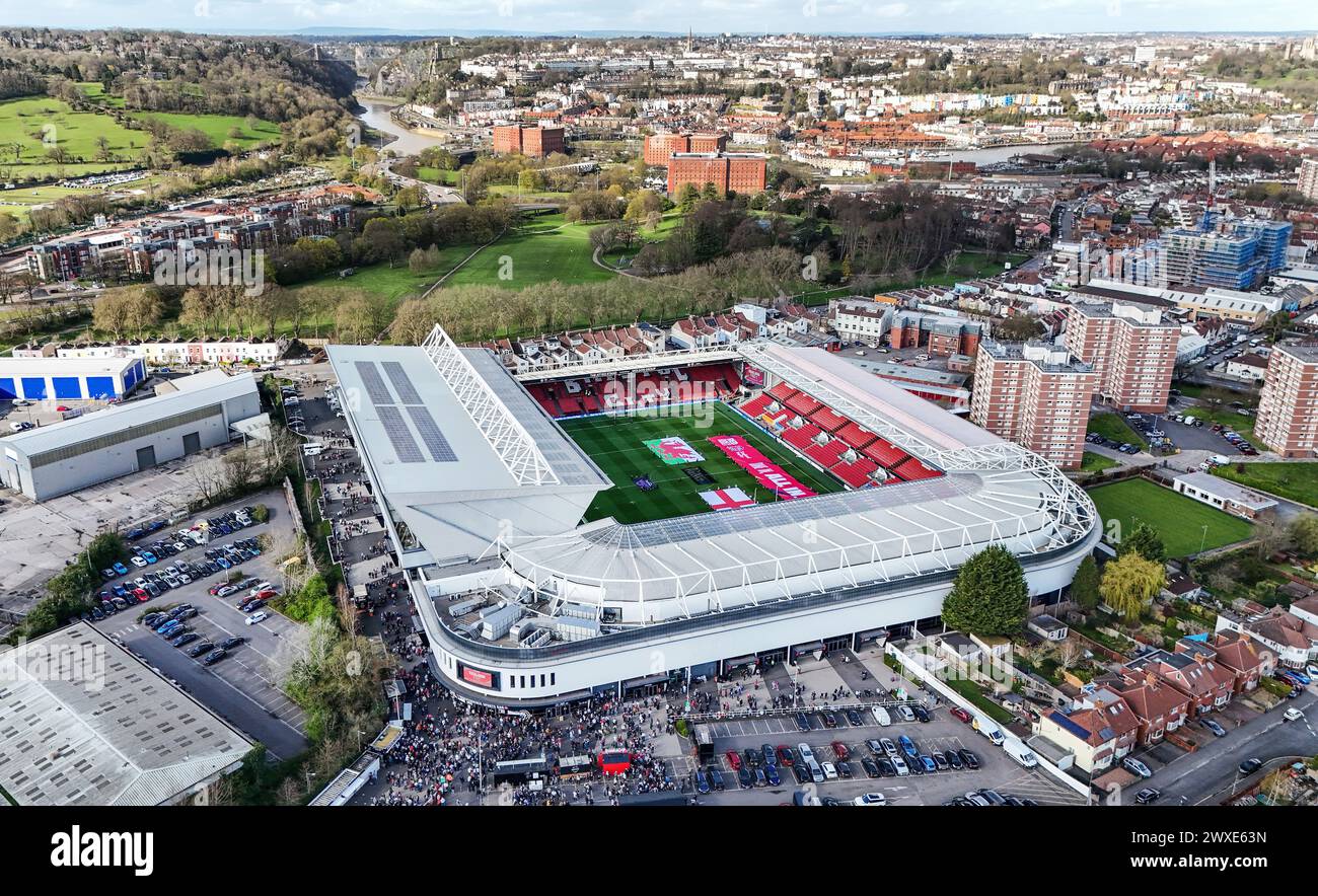 A view of the stadium taken from a drone before the Guinness Women's Six Nations match at Ashton Gate, Bristol. Picture date: Saturday March 30, 2024. Stock Photo