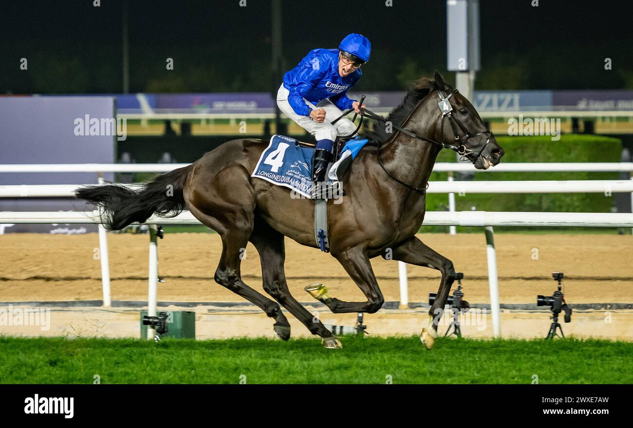 Meydan Racecourse, United Arab Emirates. Saturday 30th March 2024. Rebel's Romance and jockey William Buick win the 2024 renewal of the Group 1 Longines Dubai Sheema Classic for trainer Charlie Appleby and owner Godolphin. Credit JTW Equine Images / Alamy. Stock Photo