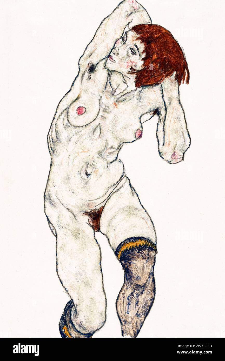Naked lady. Nude in Black Stocking (1917) by Egon Schiele. female line art drawing from The MET museum. Stock Photo