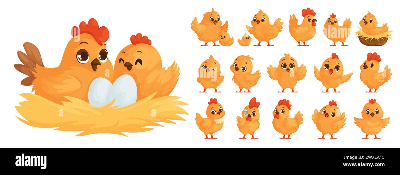 Large set of chicken family in cartoon style. Yellow chickens, Hen hatches eggs. Mother hen and chicks. Big and small roosters. Chicken and rooster in Stock Vector