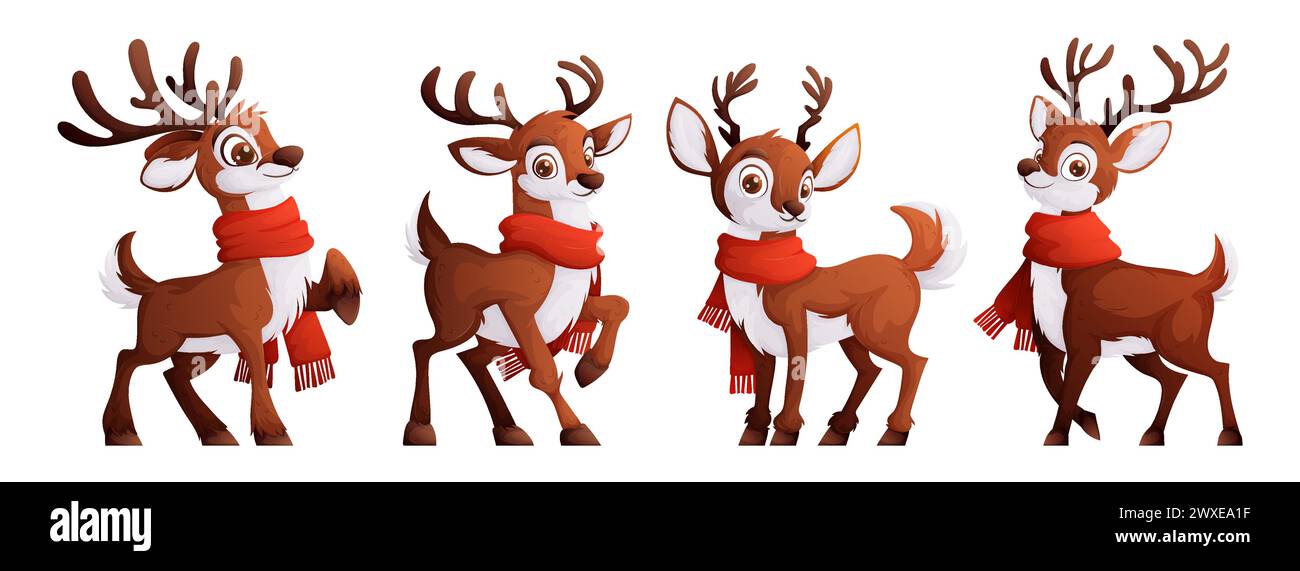 Set of four deer. A cute brown deer with antlers and a white fluffy