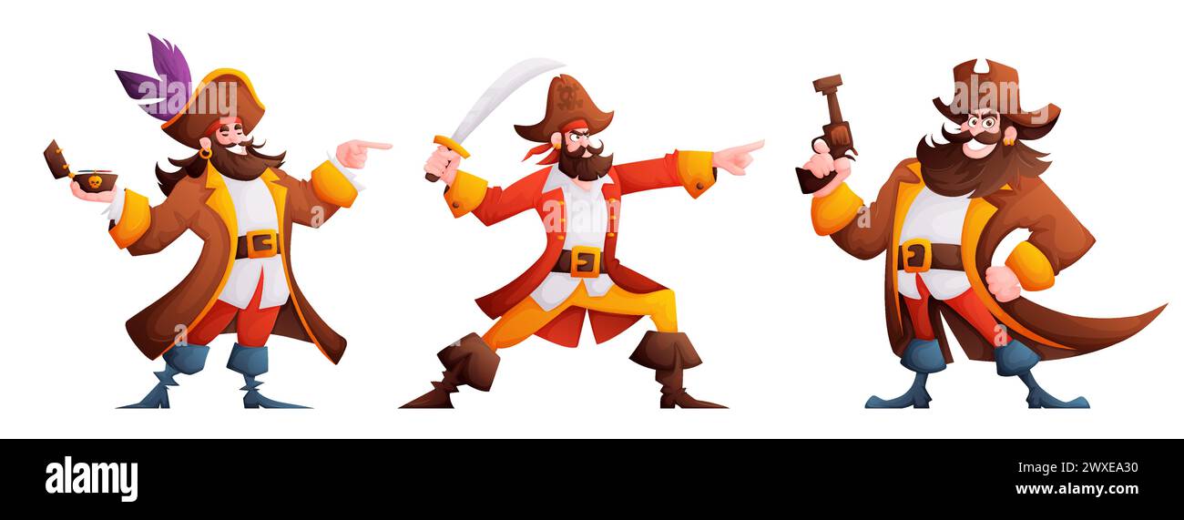 Pirates characters set. The pirate holds a compass and shows the direction, raises his blade to the top and points forward, holds a pistol in a brutal Stock Vector