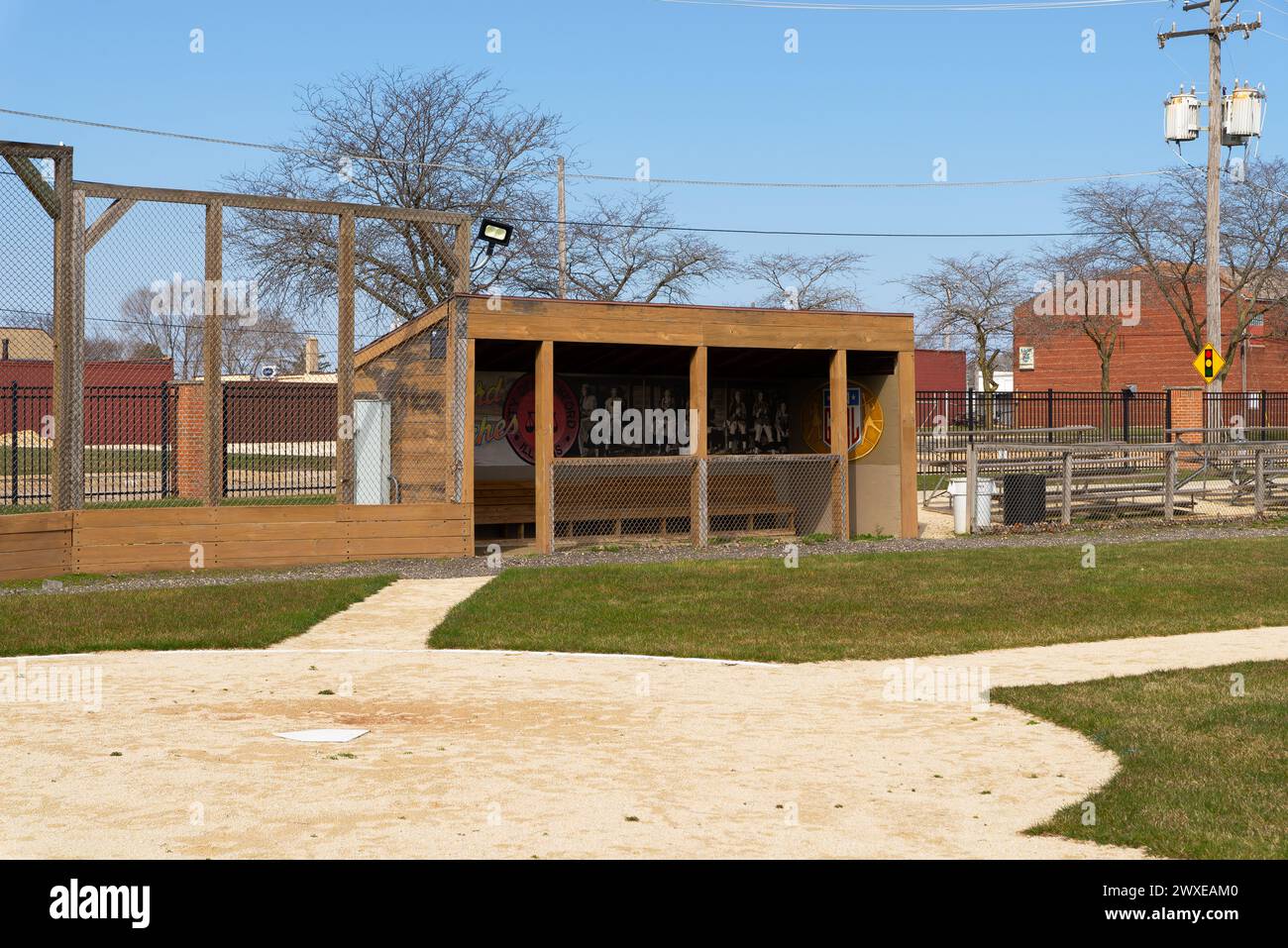 Rockford, Illinois - United States - March 28th, 2024: Beyer Peaches Stadium dugout, home of the famous Rockford Peaches, in Rockford, Illinois, USA. Stock Photo