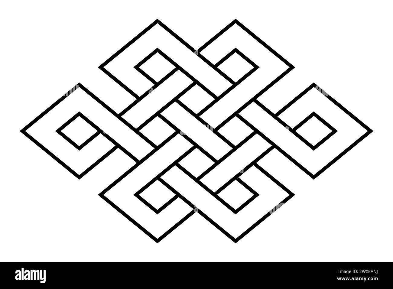 Endless knot, also known as eternal knot. Common form of an intertwining knot and one of eight Auspicious Symbols in Hinduism, Jainism and Buddhism. Stock Photo