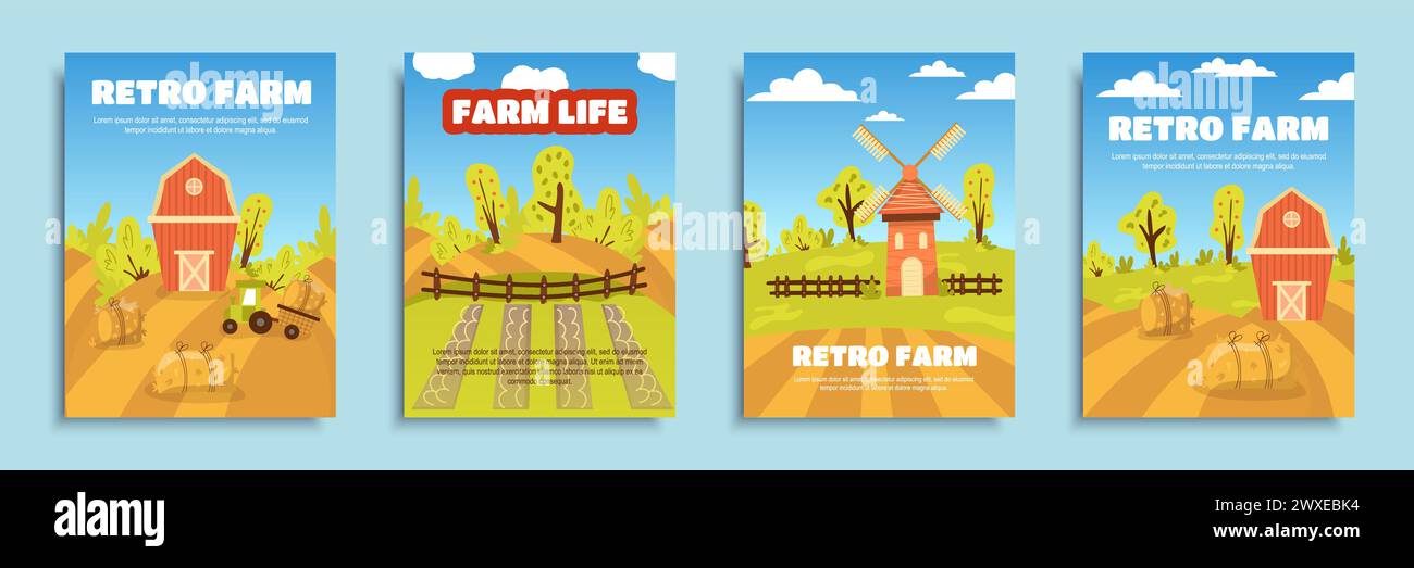 Retro farm cover brochure set in flat design. Poster templates with wooden barns and mills, tractors by haystacks, fields, farmland plantations, garde Stock Vector