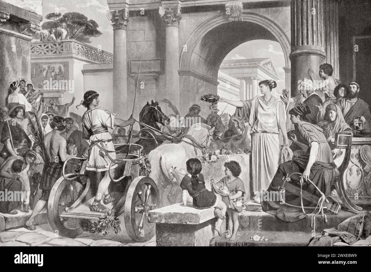 Lady offering a laurel crown to a victorious charioteer in ancient Rome Stock Photo