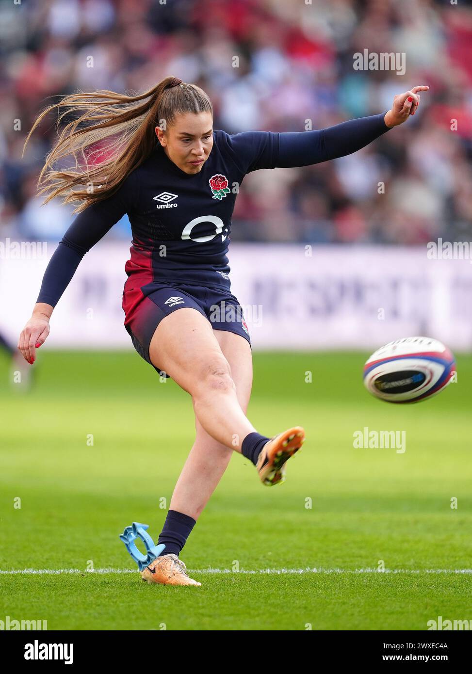 England's Holly Aitchison kicks a conversion during the Guinness Women's Six Nations match at Ashton Gate, Bristol. Picture date: Saturday March 30, 2024. Stock Photo