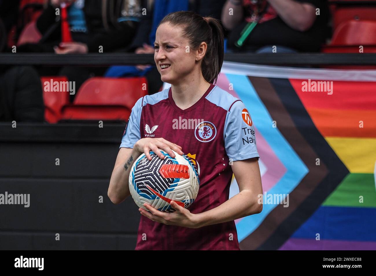 Walsall, UK. 30th Mar, 2024. Walsall, England, March 30th 2024: Danielle Turner (14 Aston Villa) takes a throw in during the Barclays FA Womens Super League game between Aston Villa and Leicester City at the Poundland Bescot Stadium in Walsall, England (Natalie Mincher/SPP) Credit: SPP Sport Press Photo. /Alamy Live News Stock Photo