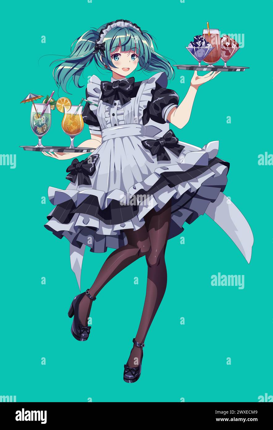 Pretty Girl In Maid Cafe Dress With Trays Color Vector Character Anime