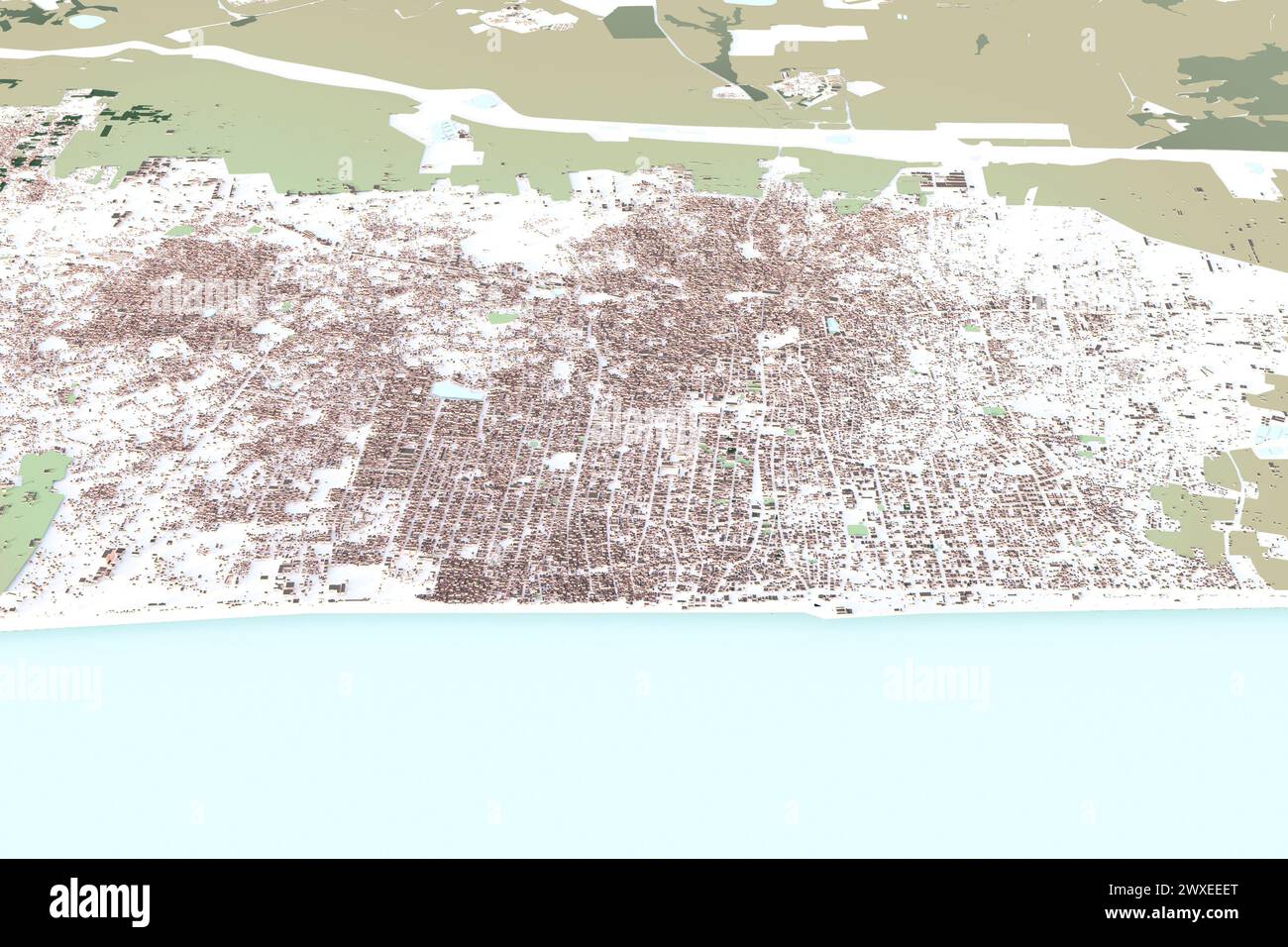 Aerial view of Gaza City in the Gaza Strip, 3D view of the map with homes streets and buildings. 3d rendering Stock Photo