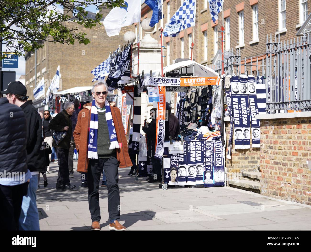LONDON, ENGLAND - MARCH 30: A Tottenham merch stand before the Premier League match between Tottenham Hotspur and Luton Town at Tottenham Hotspur Stadium on March 30, 2024 in London, England.(Photo by Dylan Hepworth/MB Media) Stock Photo