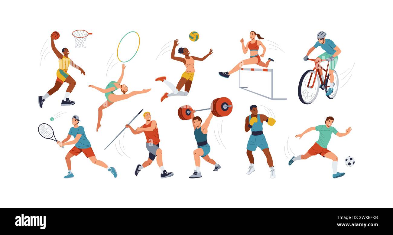 Sportspeople performing summer disciplines color vector icon big set ...