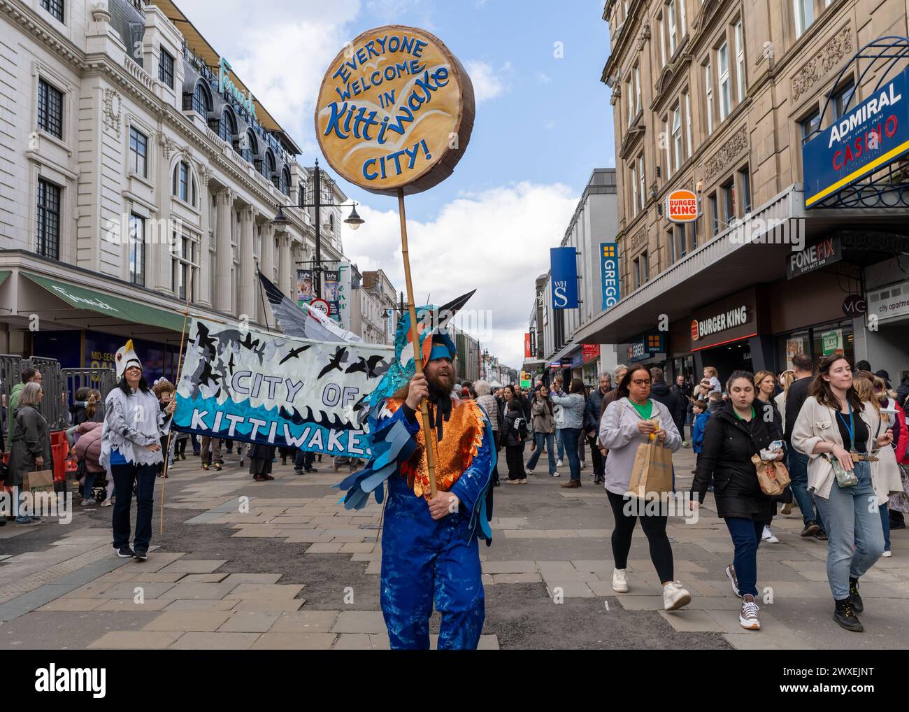 Newcastle upon Tyne, UK. 30th March 2024. Beasts on the Street, puppet performances on Northumberland Street in the city, as Newcastle Puppetry Festival is launched. The festival runs until 7th April. -- Pictured: City of Kittiwakes Parade. Credit: Hazel Plater/Alamy Live News Stock Photo