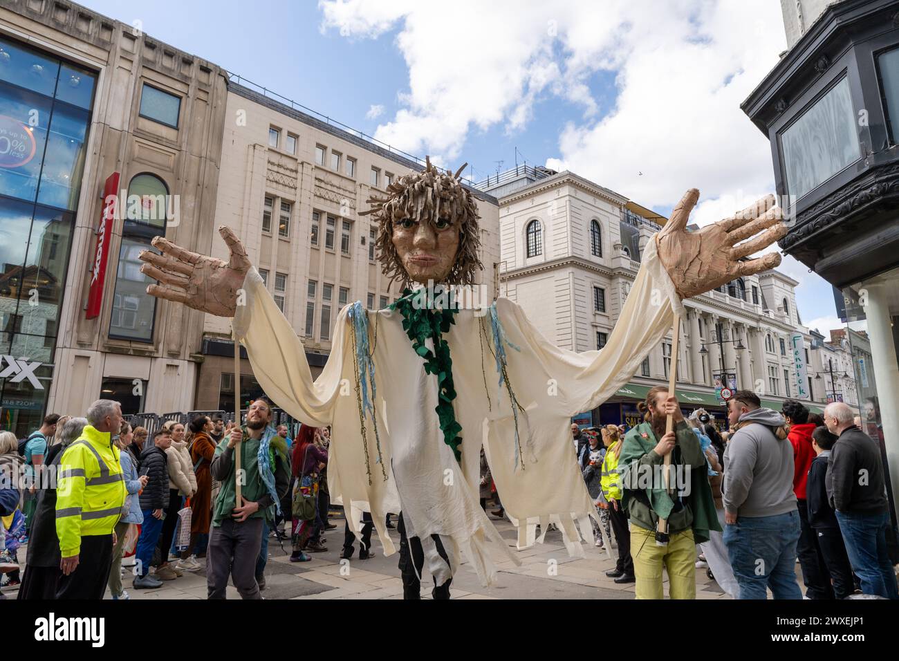 Newcastle upon Tyne, UK. 30th March 2024. Beasts on the Street, puppet performances on Northumberland Street in the city, as Newcastle Puppetry Festival is launched. The festival runs until 7th April. -- Pictured: City of Kittiwakes Parade. Credit: Hazel Plater/Alamy Live News Stock Photo