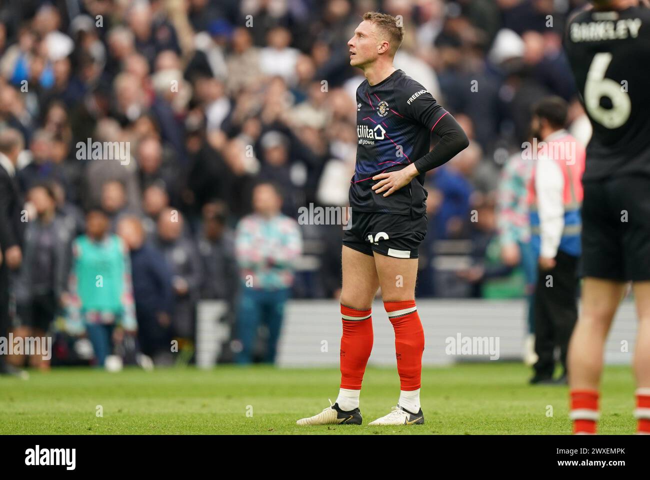 LONDON, ENGLAND - MARCH 30: Cauley Woodrow of Luton Town looks dejected after the Premier League match between Tottenham Hotspur and Luton Town at Tottenham Hotspur Stadium on March 30, 2024 in London, England.(Photo by Dylan Hepworth/MB Media) Stock Photo