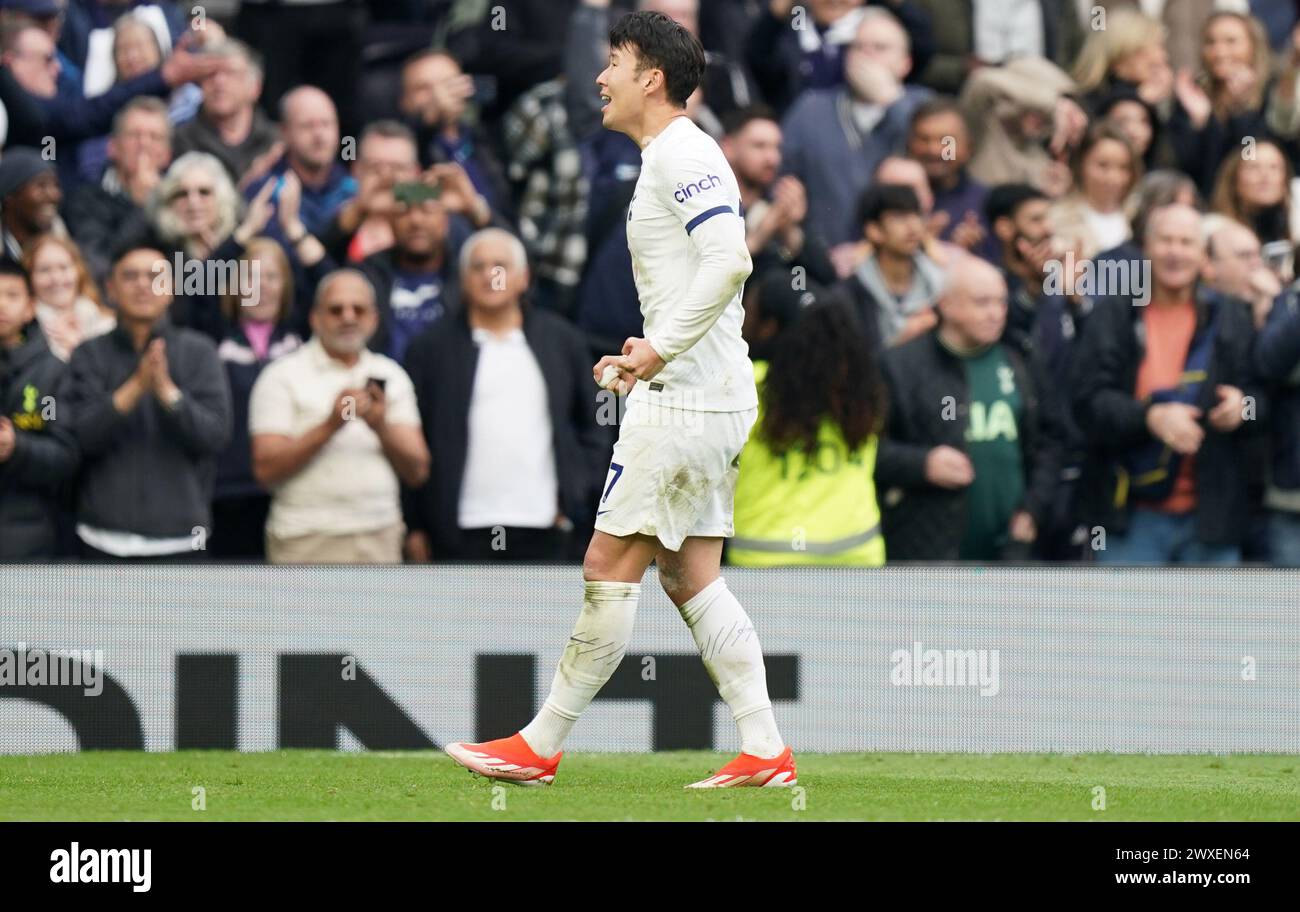 LONDON, ENGLAND - MARCH 30: Son Heung-Min of Tottenham Hotspur celebrating his goal to make it 2-1 during the Premier League match between Tottenham Hotspur and Luton Town at Tottenham Hotspur Stadium on March 30, 2024 in London, England.(Photo by Dylan Hepworth/MB Media) Stock Photo