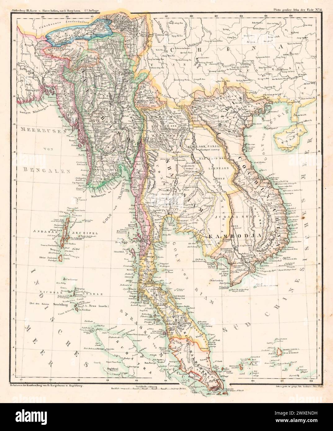 Vintage German Language Map of South East Asia,  by Albrecht Platt 1848 Stock Photo