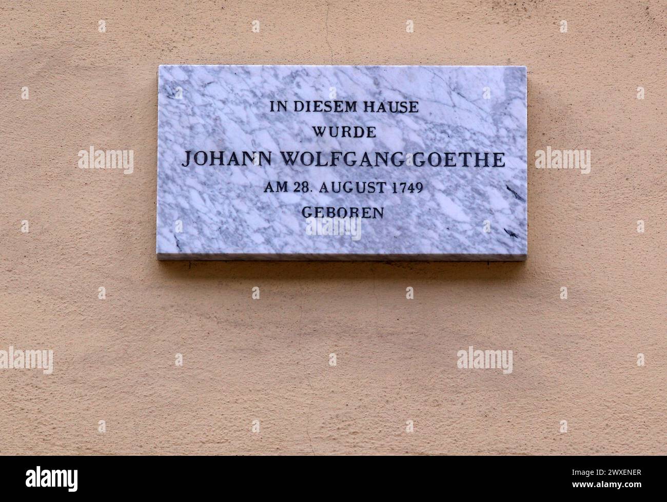 Memorial plaque, information plaque, Goethe House, birthplace of Johann Wolfgang von Goethe, Grosser Hirschgraben, Frankfurt am Main, Hesse, Germany Stock Photo