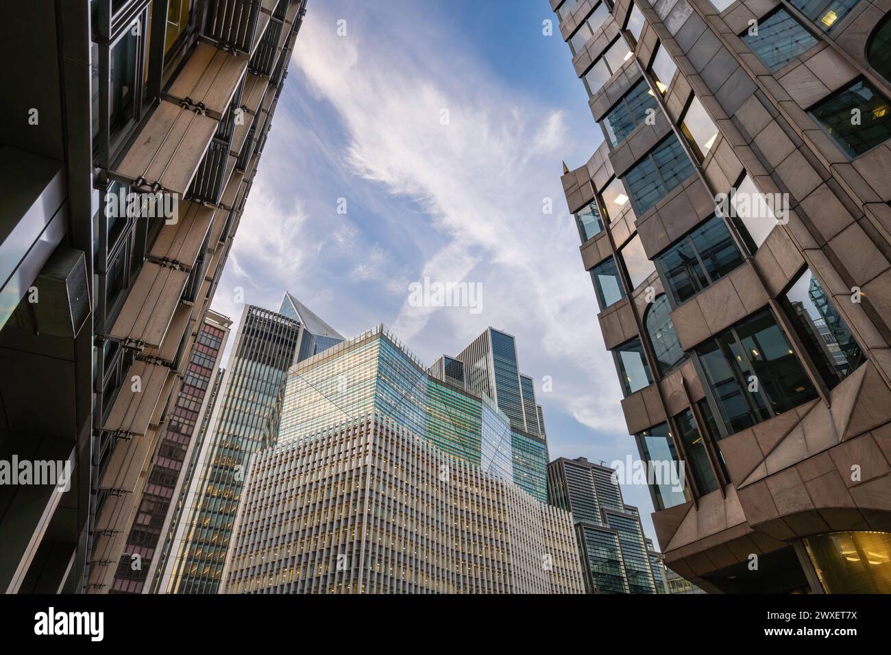 London, UK: Tall buildings in the City of London seen from Mincing Lane with 120 Fenchurch Street center and the Minster Building to right. Stock Photo