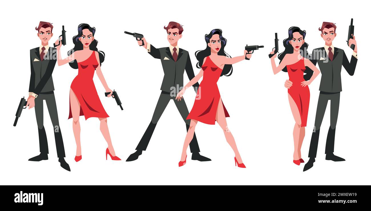 Secret Super Agents Couple Cartoon Man And Women Spy Characters With Secret Super Agents Couple Cartoon Man And Women Spy Characters With