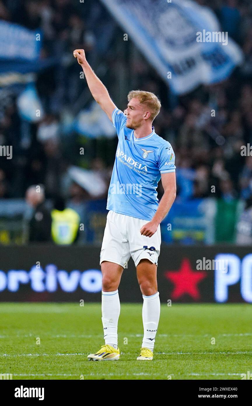 Rome, Italy. 30th Mar, 2024. Gustav Isaksen of SS Lazio celebrates the
