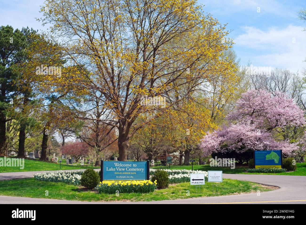 The entrance to Cleveland's Lake View Cemetery on Euclid Avenue offers a picturesque introduction to the site's impressive landscaping. Stock Photo