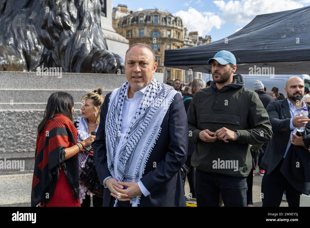 London, UK. 30th Mar, 2024. Palestinian ambassador to UK, Husam Zomlot in London's Trafalgar Square joins protesters calling for a ceasefire in Gaza (Photo by Phil Lewis/SOPA Images/Sipa USA) Credit: Sipa USA/Alamy Live News Stock Photo