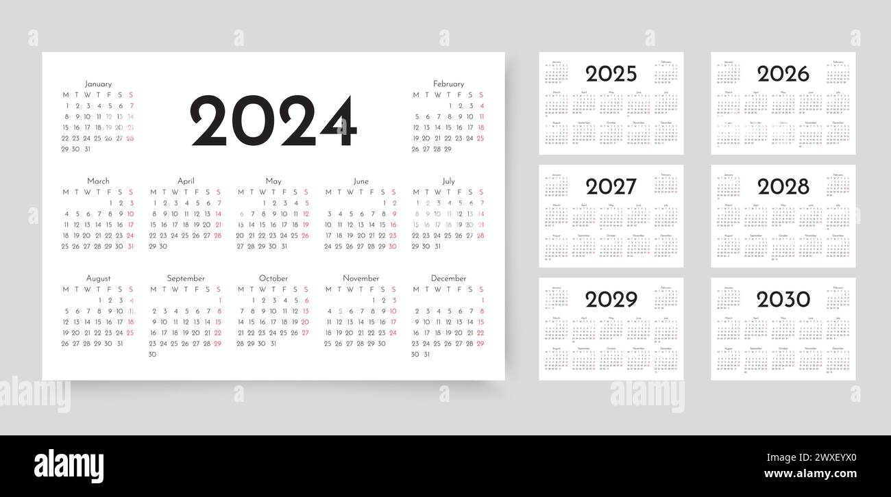 2024, 2025, 2026, 2027, 2028, 2029, 20230 years calendar. Week starts
