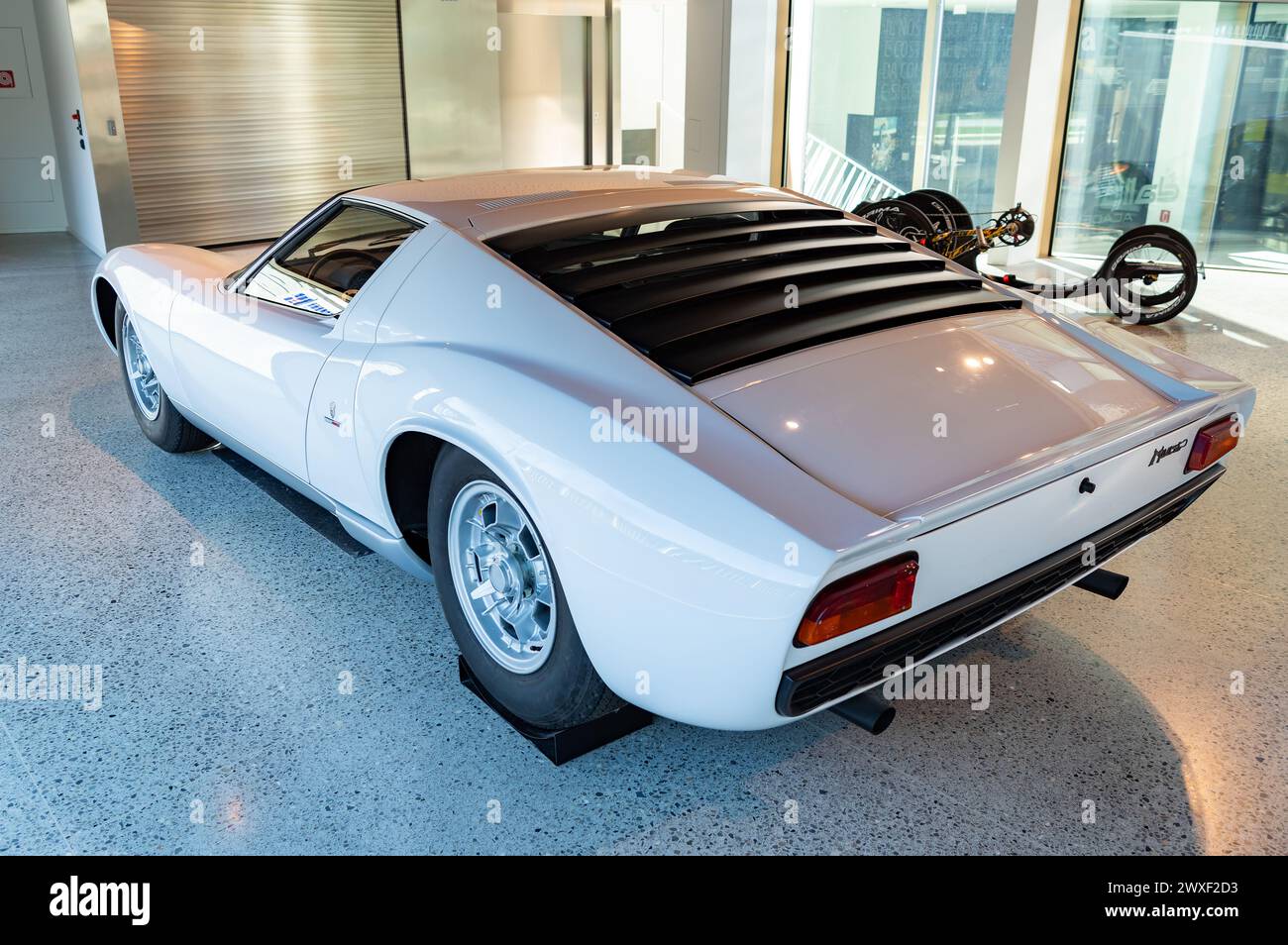 Varano de' Melegari, Italy (25th March 2024) - A white Lamborghini Miura car (1966) in the exhibition gallery of Dallara Academy Stock Photo