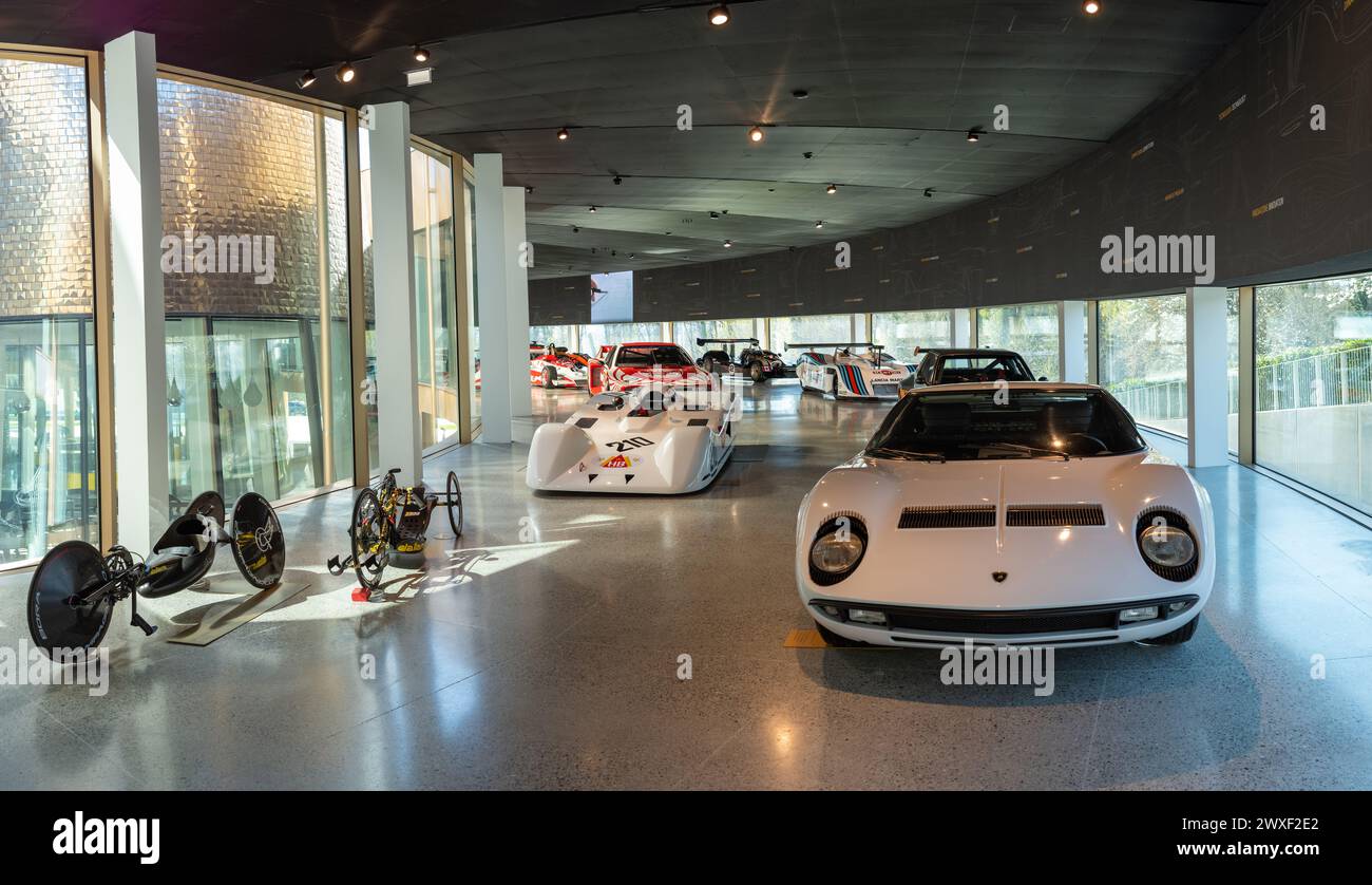 Varano de' Melegari, Italy (25th March 2024) - The exhibition gallery inside the Dallara Academy (2018, architect A. Femia) with a Lamborghini Miura Stock Photo