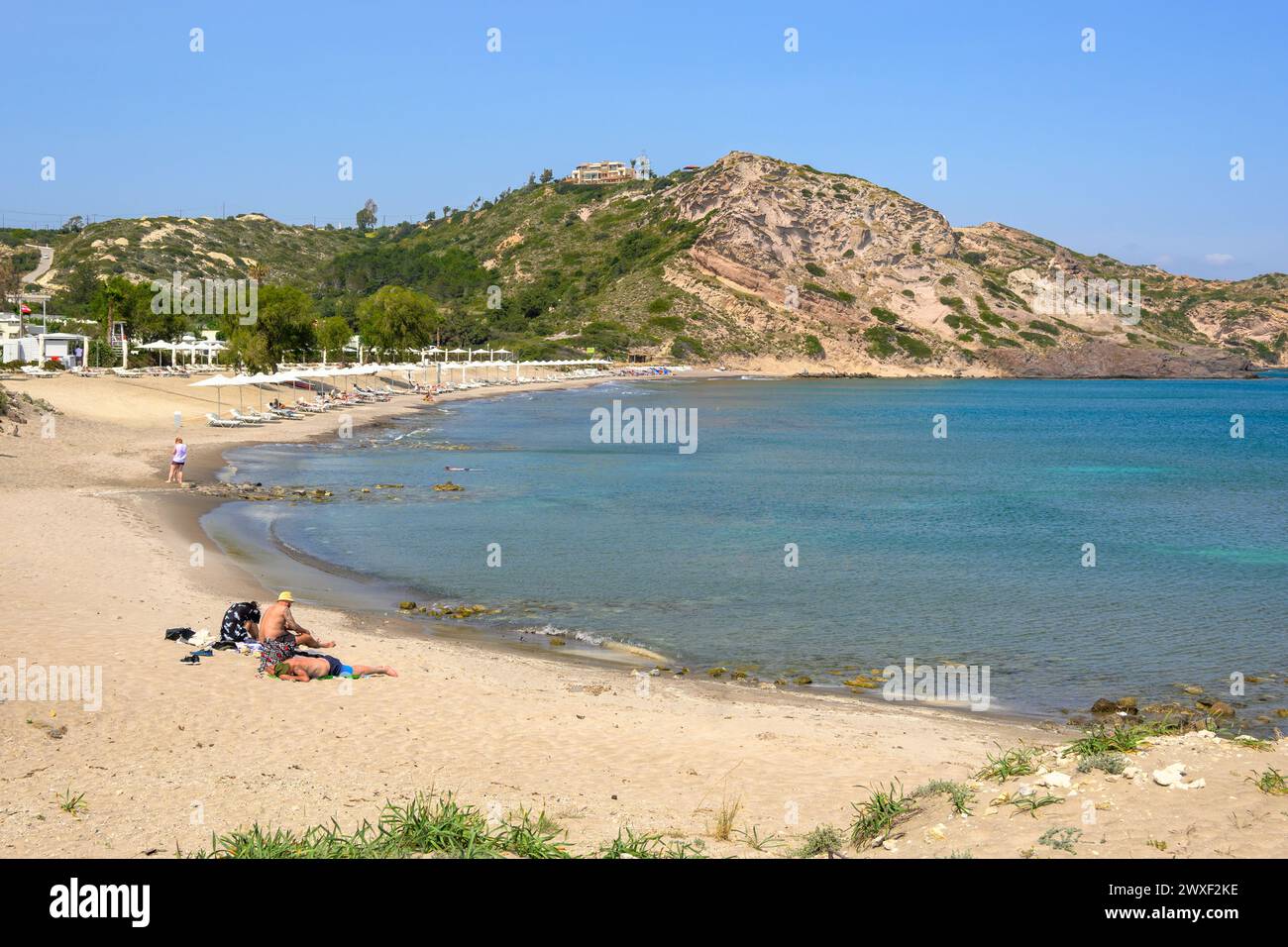 Kos, Greece - May 12, 2024: Agios Stefanos beach with fine sand on the island of Kos. Greece Stock Photo