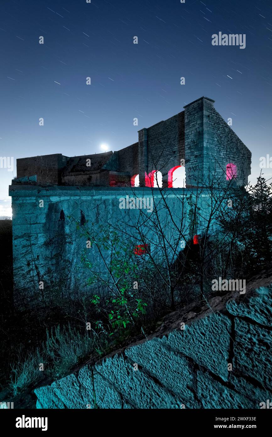 Casemates and walls of Fort Mollinary at night. Sant'Ambrogio di Valpolicella, Veneto, Italy. Stock Photo