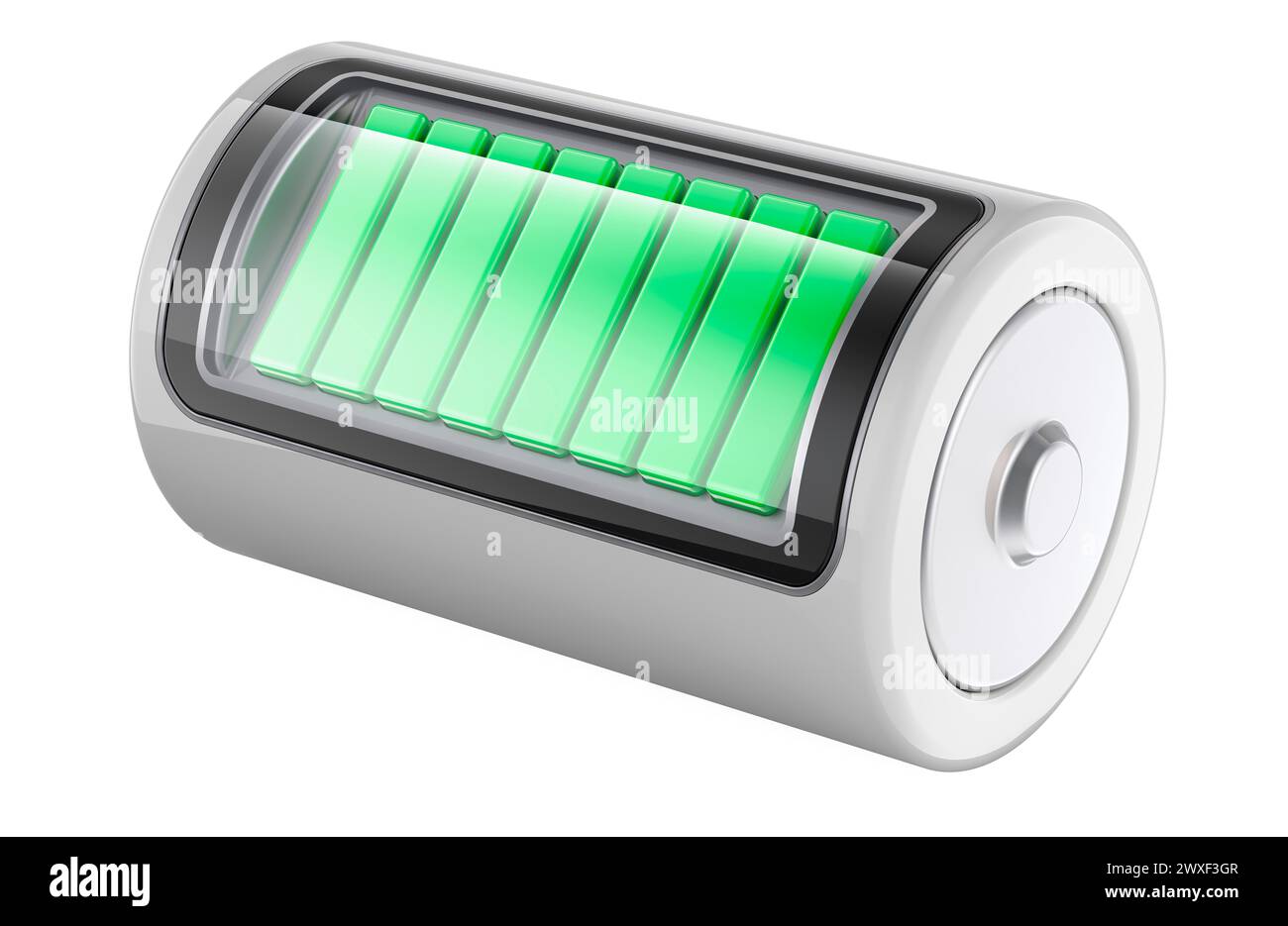 Fully charged battery, 3D rendering isolated on white background Stock Photo