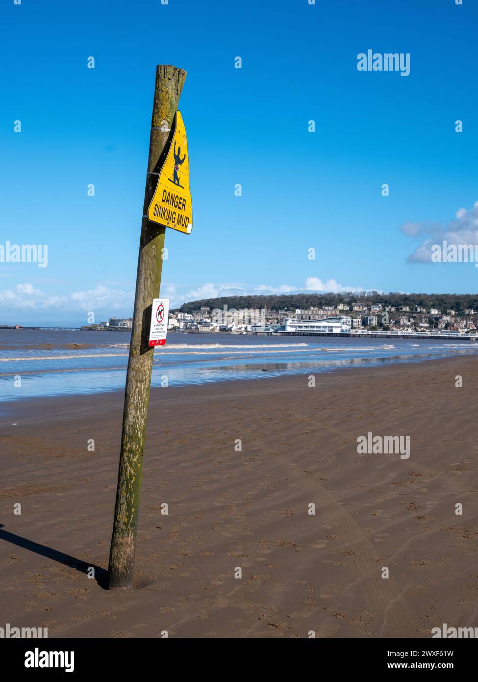 March 2024, Easter Saturday Danger sinking mud warning signs Weston