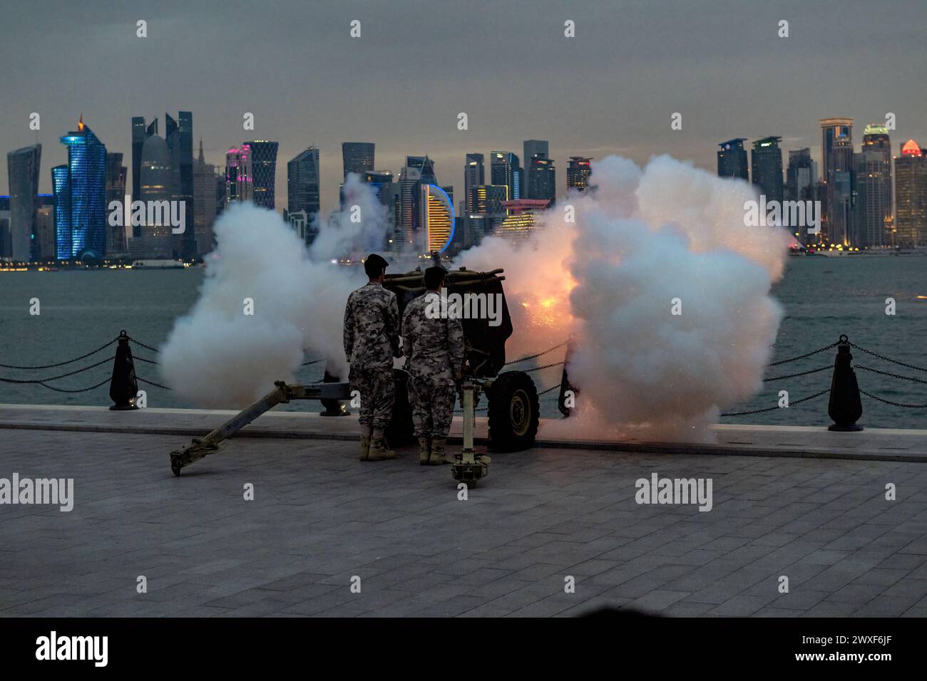Doha, Qatar Mina Port Cannon firing, cannon shooting also known as Midfaa Iftar Stock Photo
