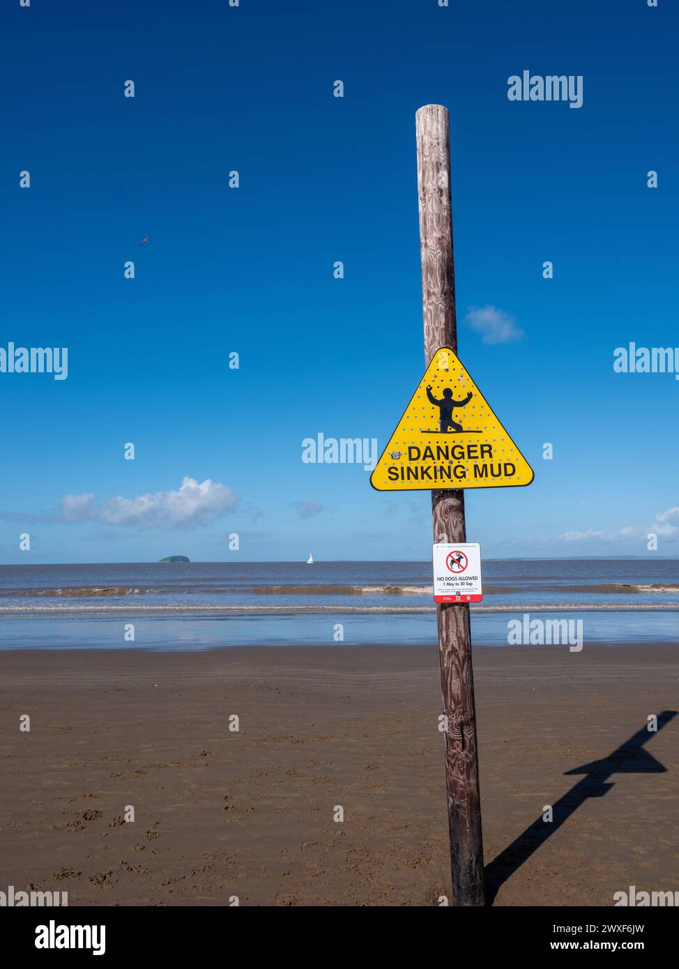 March 2024, Easter Saturday Danger sinking mud warning signs Weston