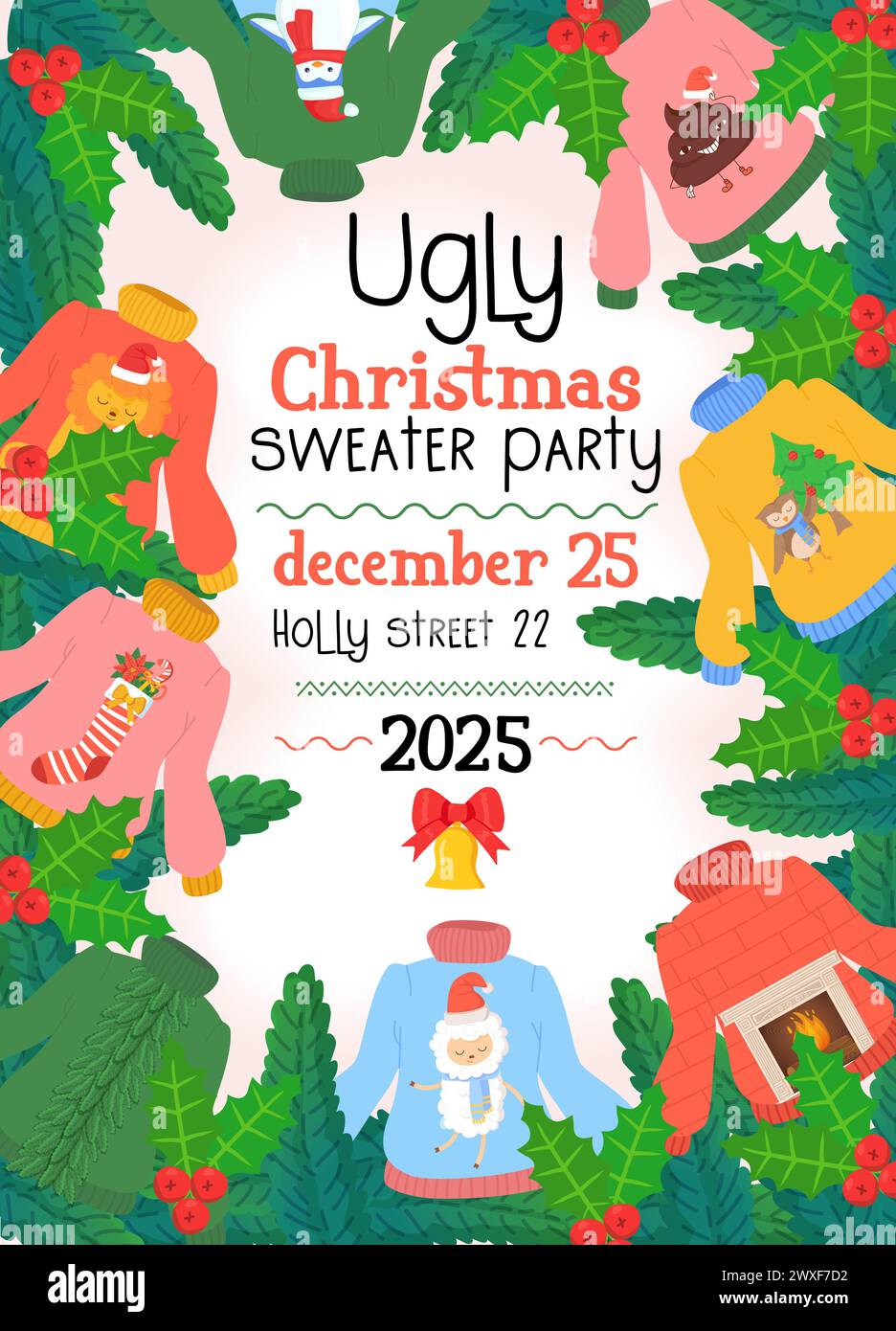 ugly sweater party invitation. Christmas winter sweaters with ridiculos design, DIY vibe. Stock Vector