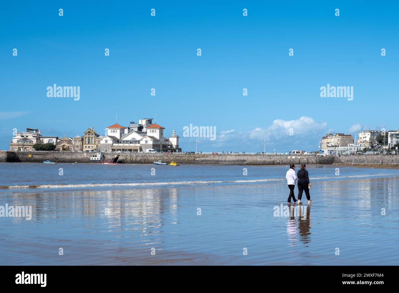 March 2024, Easter Saturday Beach walkers in front of Knightstone