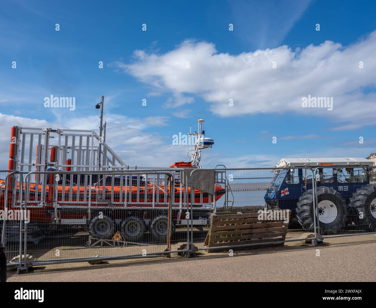 March 2024, Easter Saturday - Inshore lifeboat kept securely but ready at Weston-super-Mare, North Sommerset, England, UK. Stock Photo