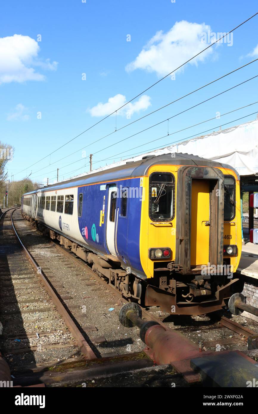 Northern trains class 156 super sprinter diesel multiple unit train in bay platform 2 at Lancaster station on 30th March 2024. Stock Photo