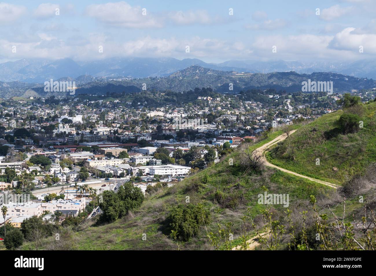 Hillside hiking trail above the Highland Park neighborhood in Los Angeles, California. Stock Photo