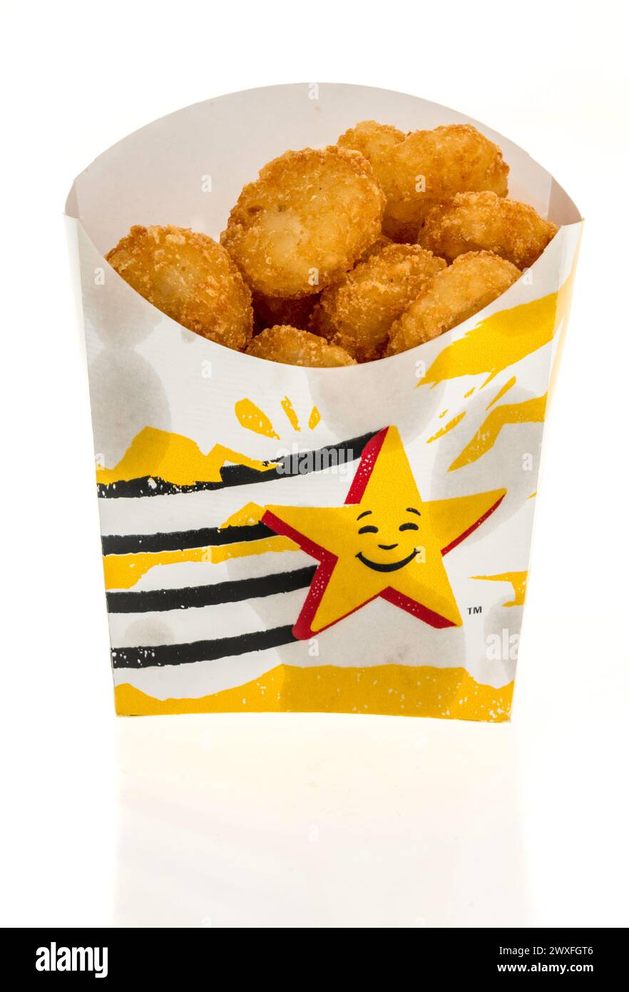 Winneconne, WI - 30 March 2024: A package of Hardees breakfast hash browns on an isolated background. Stock Photo
